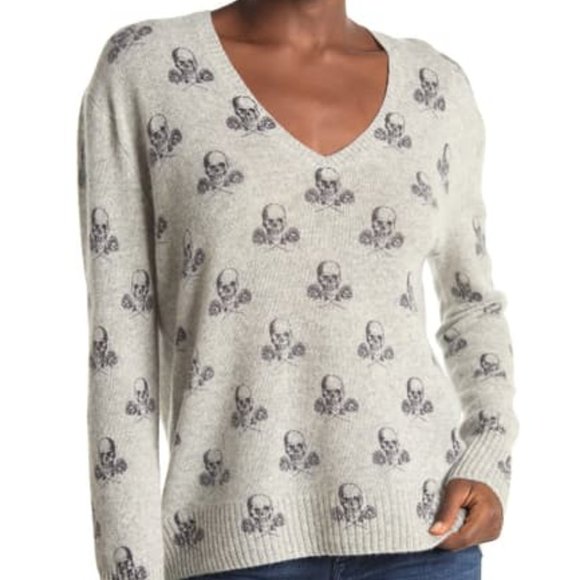 Skull Cashmere Sweaters - Skull Cashmere | Jessie V-Neck Rose & Skull Print